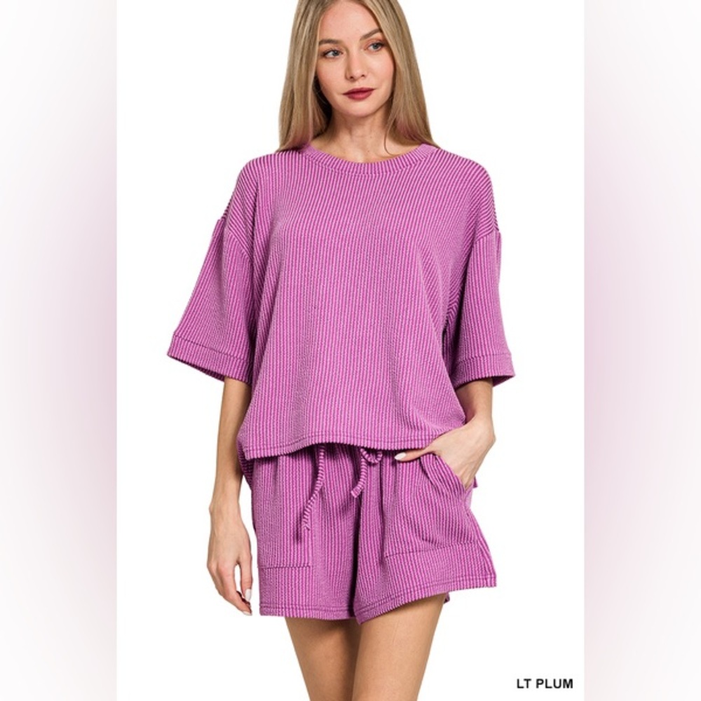 Zenana RAISED RIB SHORT SLEEVE TEE & SHORT PANTS SET